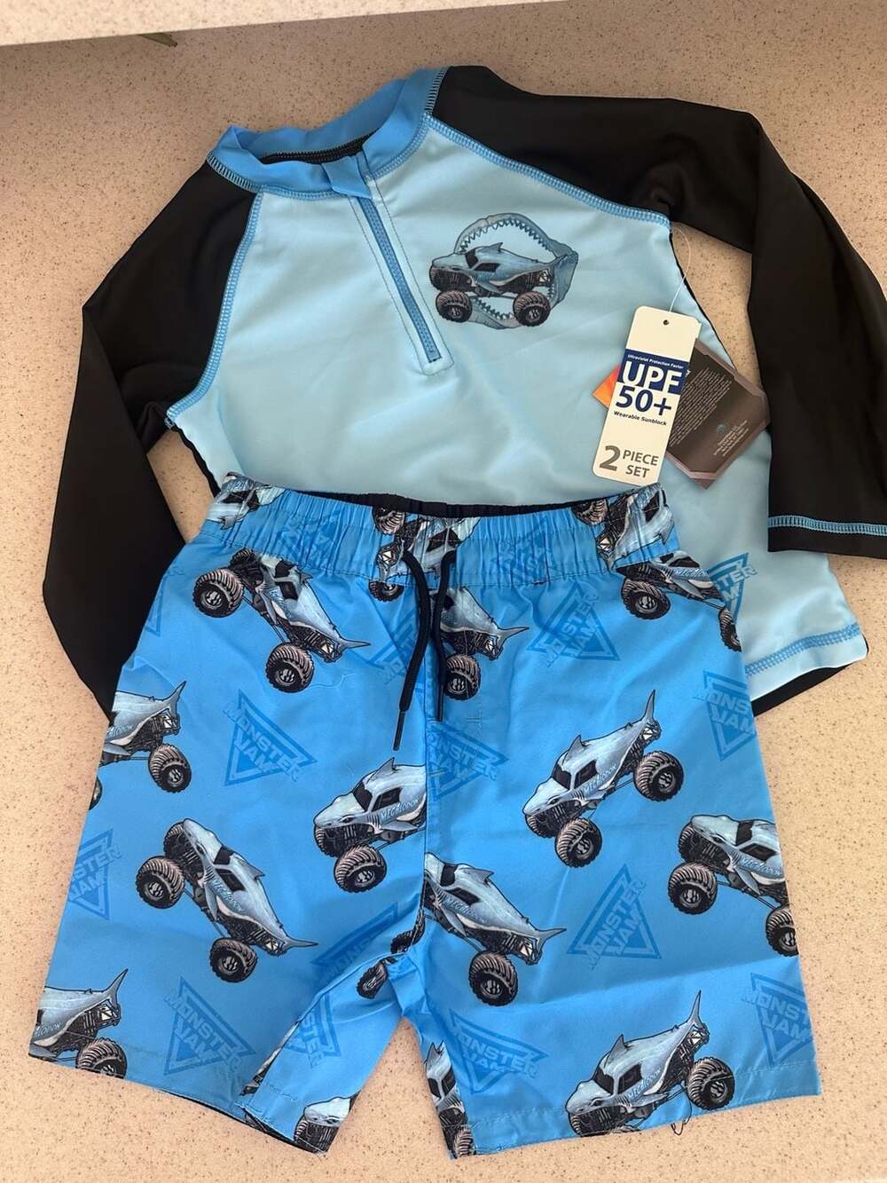 Monster Jam Toddler Boy Long-Sleeve Rash Guard and Swim Trunks 2-Piece Set